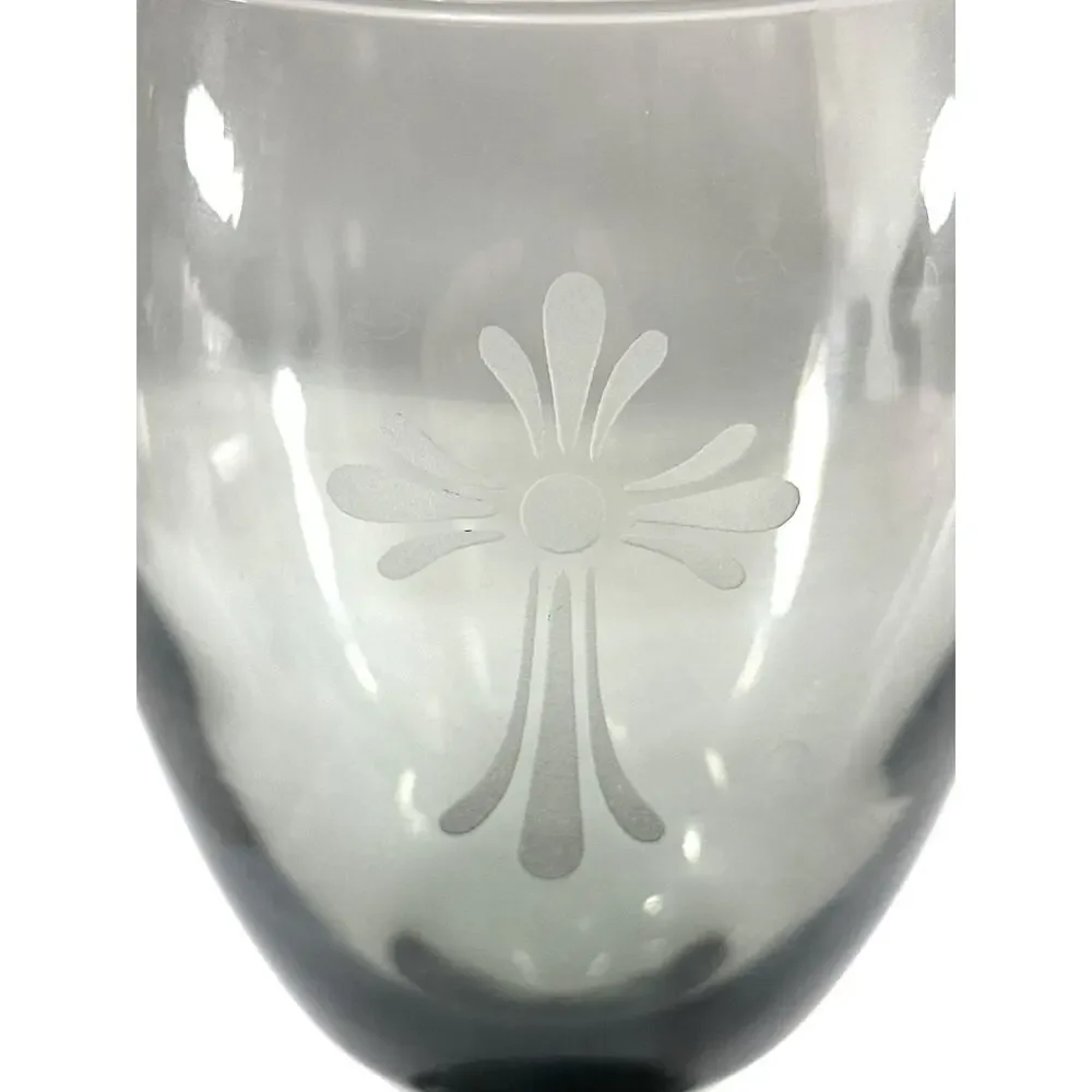 Vintage Etched Green Wine Goblets Pair Mid Century Smoke Glass 7”